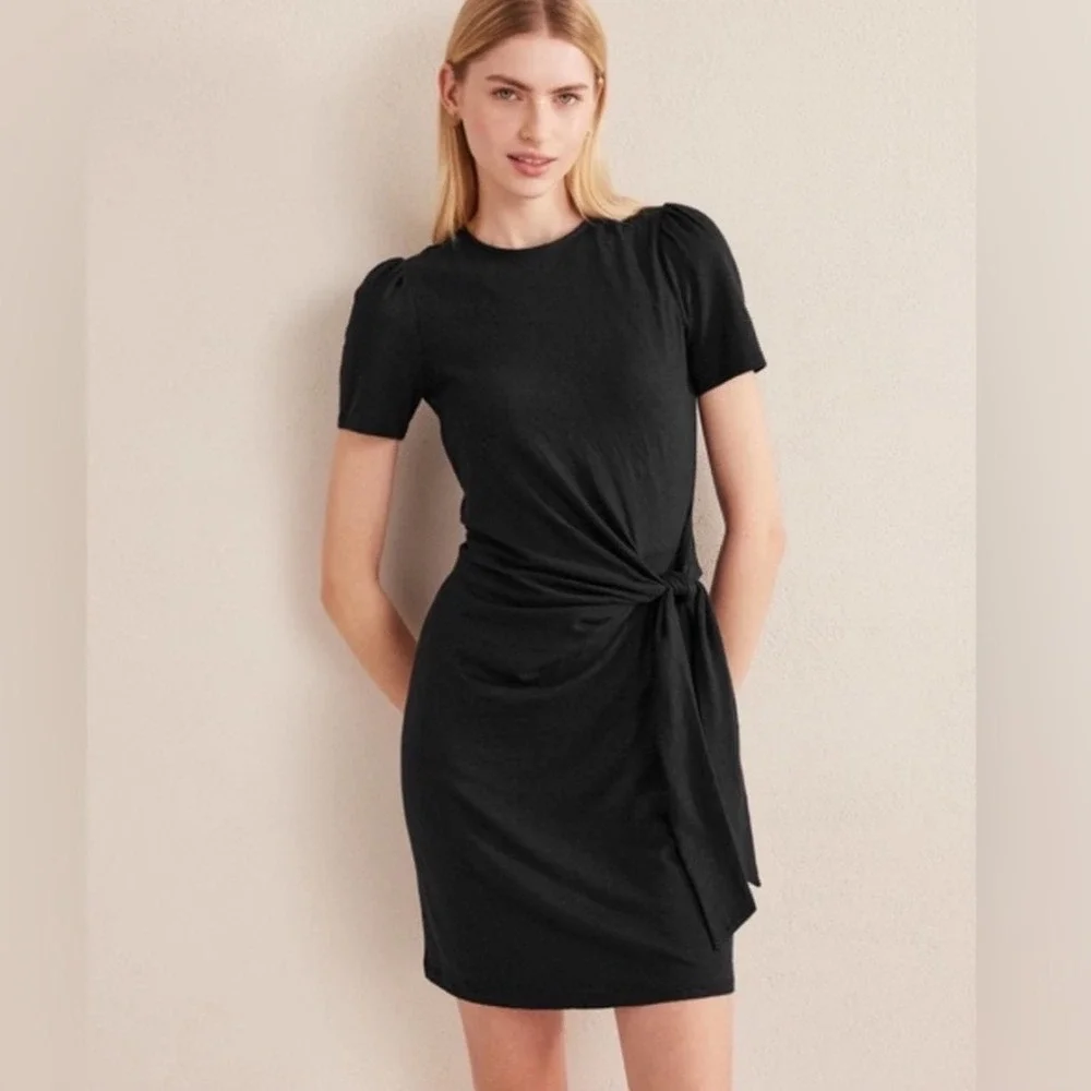 Boden‎ Black Side Tie Knot Puff Sleeve Jersey Sheath Dress US 8R Cotton